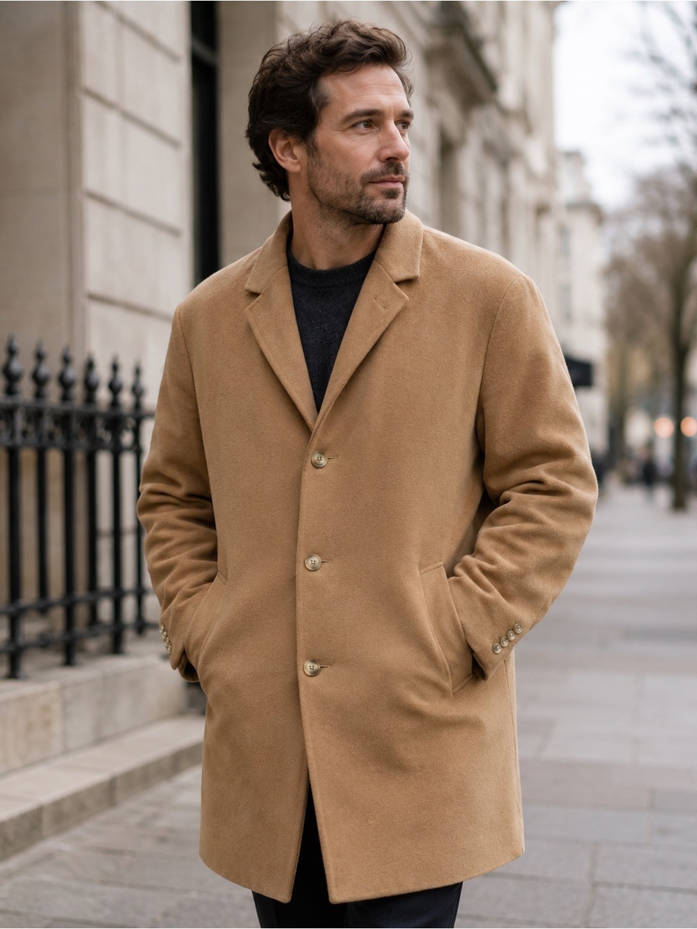 London Fog Mens Signature Wool-Blend Overcoat Coat 46 R Camel Tan Light Brown